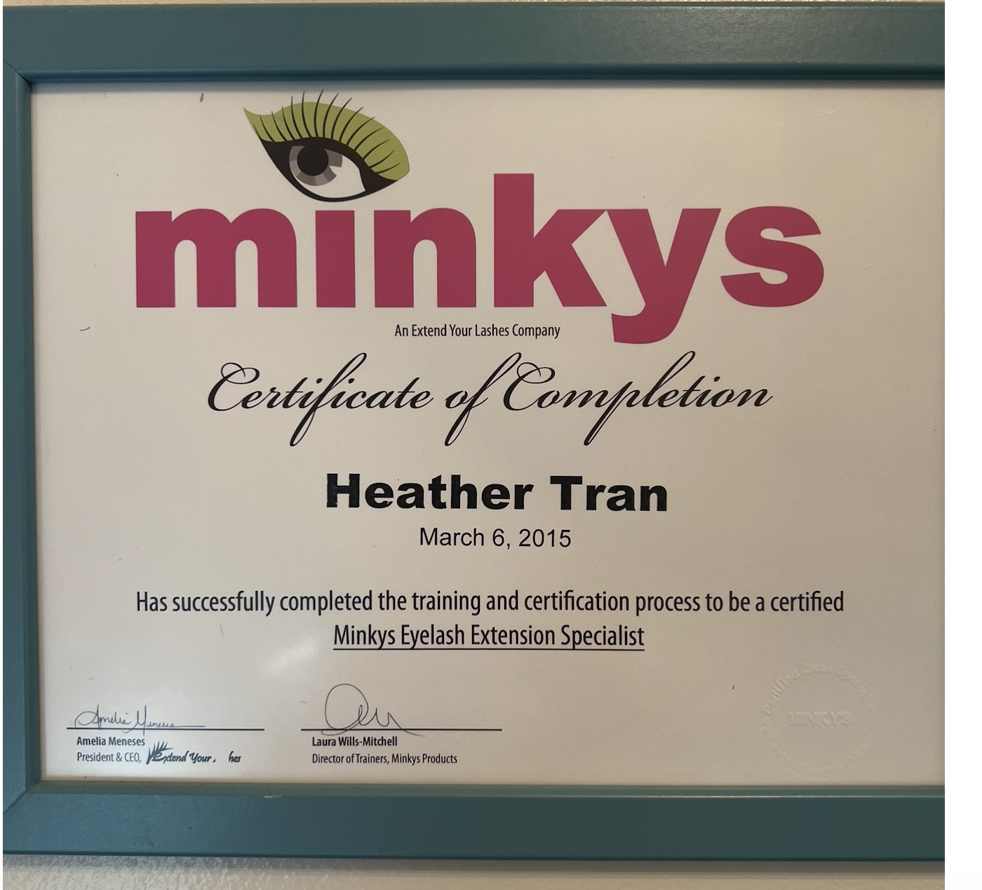 Heather Tran Certified Minkys Eyelash Extension Specialist certificate dated March 6, 2015